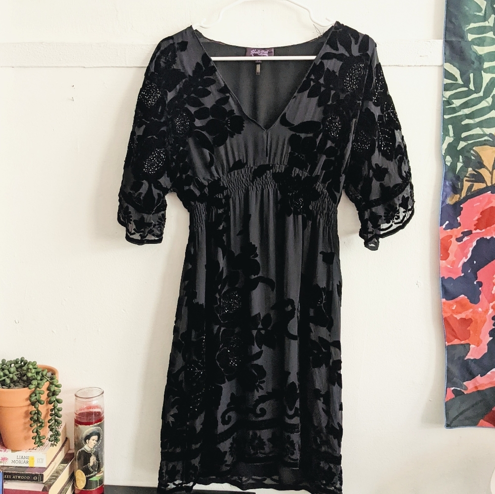 Hale Bob Black Silk Velvet Kimono Mini Dress XS - Anthropologie